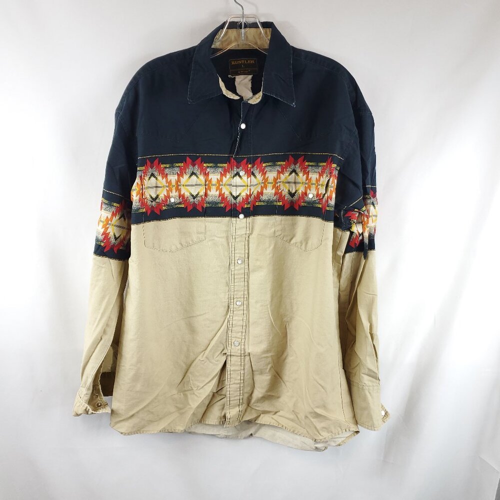 Vintage Rustler By Wrangler Mens Lng Slv Pearl Snap Button Up Western Shirt Sz L